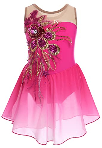 Figure Skating Dress for Girls - Sequin Flower Mesh Ice Skating Ballet Dance Leotard With Chiffon Skirt - Competition Stage Performance Costume - Hot Pink 7-8 Years