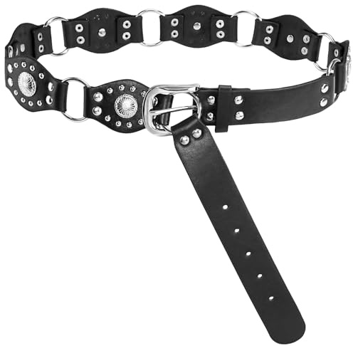 HIQUACC Western bälten för kvinnor vintage nit läder midjebälten punk cowgirl bälten, Silversvart, M: Total length: 130cm/51.2in