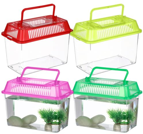 BESPORTBLE Mini Plastic Fish Tank 4-Pack, Portable Aquarium with Lid and Handle, Small Reptile Carrier for Turtle and Goldfish, Transport Container for Easy Feeding, 15x9.5x11cm