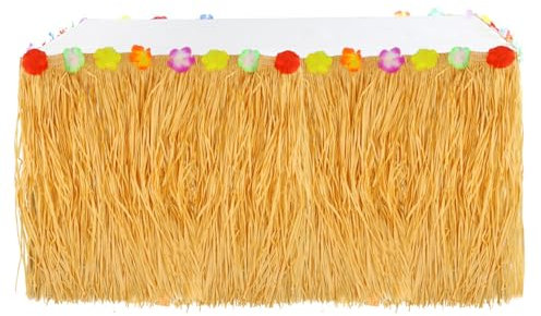 YILANJIN Jupe de Table Hawaïenne en Herbe, Décoration Hawaïenne pour Fête Tropicale, Fêtes Costumée, Fête Plage, Décoration Table Hawaii en Plastique Imperméable, Jaune Paille Naturelle, 275 x 60 cm