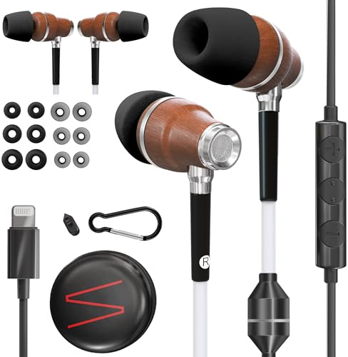 Symphonized Premium Wooden Airtube Iphone Headphones EMF blocking, radiation free protection earbuds. 3D sound, microphone volume control, 8mm bass drivers granting high audio quality MFI certified.