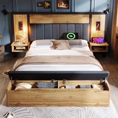 Moimhear Doppelbett Polsterbett, Bettanlage mit Leselampe und USB C Nachttisch und Sitzbank mit Stauraum, Bettgestell mit Lattenrost aus Metall, Holz und Leinen, Eiche(Ohne Matratze) (180x200 cm)