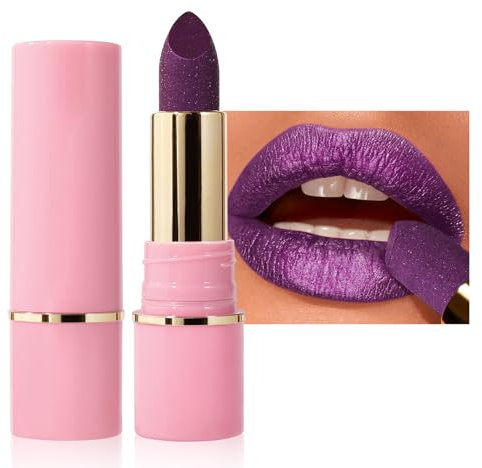 Lápiz labial metálico con acabado brillante, pintalabios morado con brillo de diamante, resistente al agua y duradero, maquillaje de labios hidratante y de alta pigmentación, sin sensación granular