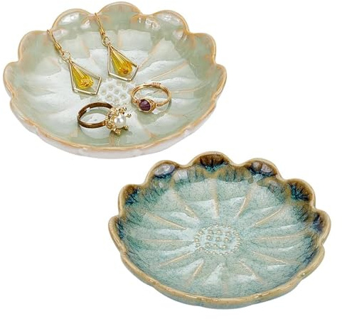 Amasawa 2 Pièces Plat à Bijoux en Céramique, Plateau Bijoux en Forme,Plateau à Bijoux en Forme de Fleur de Lotus Support, pour la Décoration Intérieure de Mariage Cadeau Bijoux de Stockage (B)