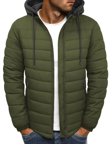 Xnova Chaqueta Acolchada Hombre Invierno Ligera Impermeable Cazadoras Entretiempo con Cremallera Chaquetas Softshell de Plumas Plumiferos Sudadera con Capucha Desmontable, Verde Militar, XXL