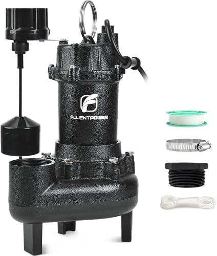 FLUENTPOWER 5000GPH Sewage Effluent Pump, 3/4HP Cast Iron Ejector Submersible Sewer Pump, with Automatic Vertical Float Switch for Residential Basement Septic Basin, 10 ft Cord, 2 NPT Discharge