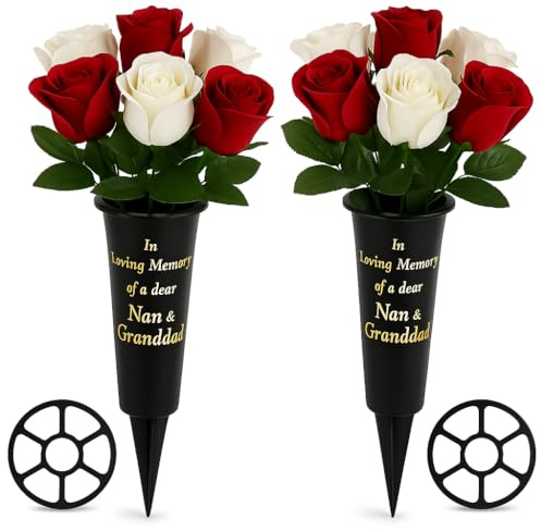 Set of 2 Grave Vases with Spike - Weather‑Resistant Black Memorial Flower Holders for Graveside, Cemetery Vases for Fresh or Artificial Flowers, Durable Plastic with Grid Inserts (Grand Dad & Nun)