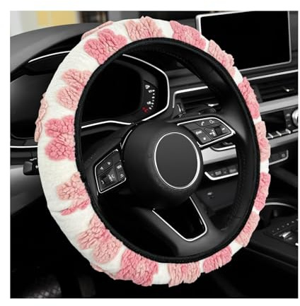 Sbulhia Plush Flowers Steering Wheel Cover, 15 inch Anti-Slip Breathable Steering Wheel Protector Cute Floral Decor, Elastic Soft Wheel Cover Universal Fit for Most Vehicles (Pink)