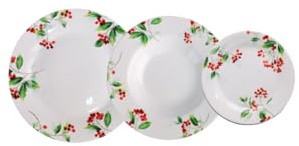 Omniacasa Vajilla navideña de porcelana de 18 piezas (6 personas) – Decoración tradicional de Navidad rojo verde, acabado brillante, lavavajillas y microondas