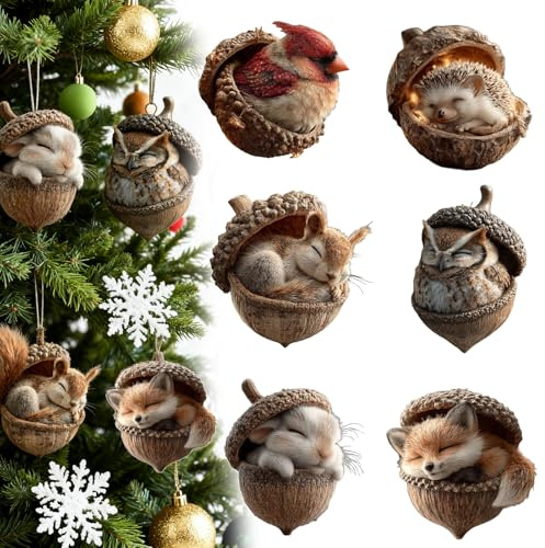 Waldtier--Ornamente, gemütlicher Wald, Weihnachtsschmuck, 6 Stück, gemütlicher Waldtier, , Weihnachtsschmuck für Weihnachtsbaum, 2D-Acryl, hängende Ornamente, Heimdekoration