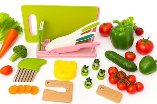Katybella Kids Kitchen Tools,15 Pieces Kids Cooking Sets with Stand Organizer for Toddlers Chef with Children Safe Knives Cutting Set Birthday Gift