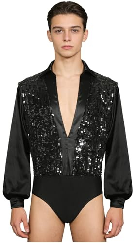CHICTRY Latin Dance Costumes for Men Shiny Sequin Samba Salsa Tango Ballroom Dance Leotard Shirt Black XXL