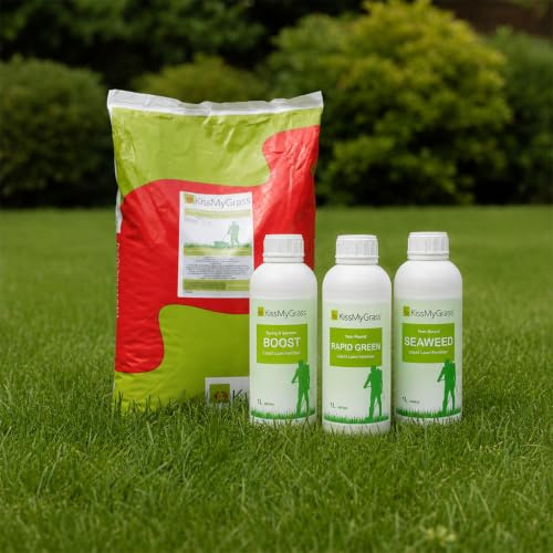 KissMyGrass Spring Lawn Transformation Kit (1x100sqm) - Essential Lawn Care | Contains Premium Spring & Summer Granular Fertiliser, Liquid Seaweed, Year Round Rapid Green & Boost Liquid Fertiliser