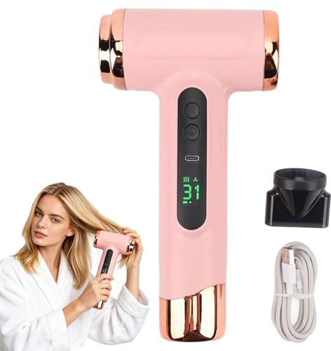 Cordless Hair Dryer, Portable Rechargeable Blow Dryer with Digital Screen, 3 Heat & Speed Settings, USB Charging, Lightweight Travel Hair Dryer for Home, Dorm, Travel, Camping & Outdoor Use (Pink)