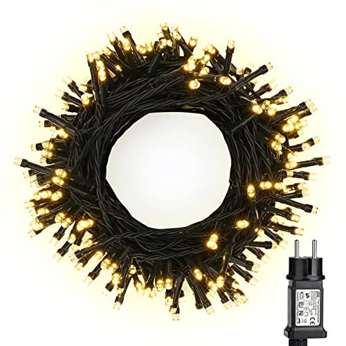 Luci Albero di Natale Esterno, BrizLabs 25M 200 LED Catena Luminosa Bianco Caldo con Spina 8 Modalità Impermeabile Luci Natalizie Illuminazione per Interni Casa Matrimonio Festa Giardino, Cavo Verde