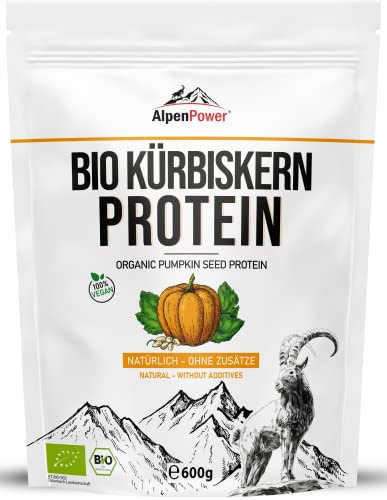 AlpenPower Proteína de semilla de Calabaza Orgánica 600 g - Proteína de semilla de calabaza 100% pura sin aditivos - Vegano y bajo en carbohidratos - Versátil aplicable