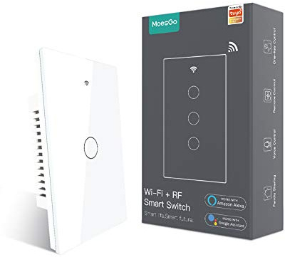 MoesGo 2nd Generation WiFi RF433 Smart Touch Wall Single Fire Smart Switch，No Neutral Wire Needed,Compatible with Smart Life/Tuya App, Works with Alexa and Google Home Single Pole 110V White 1 Gang