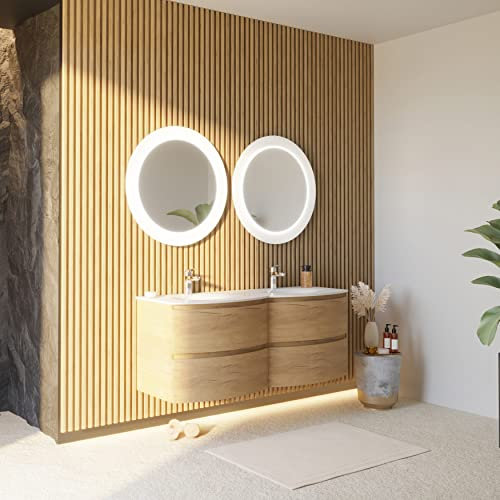 Kiamami Valentina - Mobile Bagno Sospeso Curvo | Doppio Lavabo in Resina | 2 Specchi LED 75cm | 4 Cassettoni | Rovere Miele, 140CM, Resina