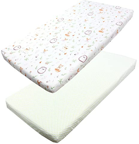 TupTam Baby Spannbettlaken Kinder Spannbetttuch für Babybett Kinderbett 2er Pack, Farbe: Lichtung/Tupfen Grün, Größe: 70 x 140 cm