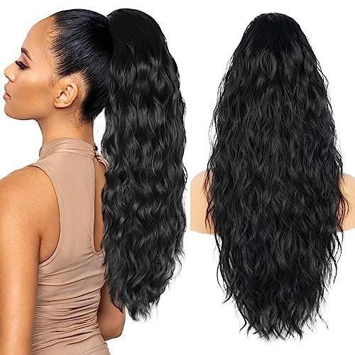 26 inch Black Ponytail Extension, Drawstring Ponytail for Women, Long Wavy Pony Tails Hair Extensions, Synthetic Hair Extensions Ponytail for Daily Use (Color: Black)