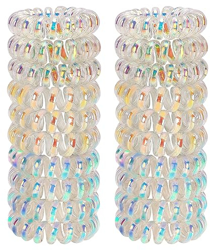 JessLab Spiral Hair Ties for Women, 20 Pcs No-Damage Plastic Bands, Bobbles | Silver Mermaid Girl, Coil Elastics for Girls and Kids, Water-Resistant Bracelet, Strong Hold for Swimming, Gym, School