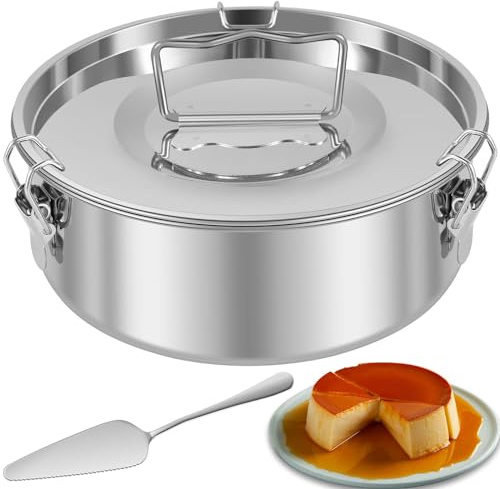 Flan Mold With Lid, Stainless Steel Pan With Handle, 1.5QT Capacity Baking Maker With Spatula, Portable Round Pan for 6-8QT Fast Pot Making Cheesecake Cupcake Pudding