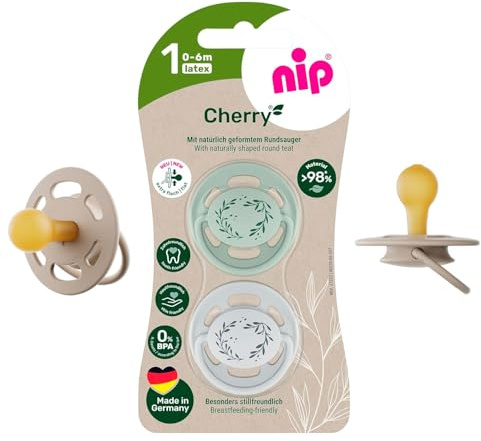 nip Cherry Schnuller 2er Pack ab Geburt 0+, flacher Sauger in Kirschform Naturkautschuk, stillfreundlich, BPA-frei, nachhaltig, 0 Monaten +, ZAHNFREUNDLICH, STILLFREUNDLICH, EXTRA LEICHT