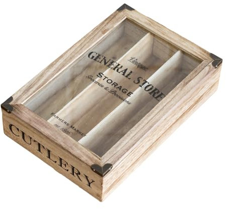 Darthome General Store Wooden Cutlery Tray Vintage Style Storage Box Glass Lid Drawer Organiser Holder