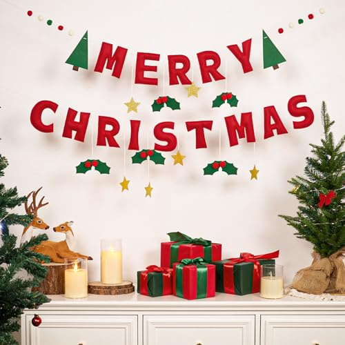 SUNBEAUTY Merry Christmas Banner Felt Christmas Garland Xmas Hanging Bunting Red Green Letter with Glitter Stars 3D Xmas Decorations Indoor for Party Home Window Fireplace Bedroom Office