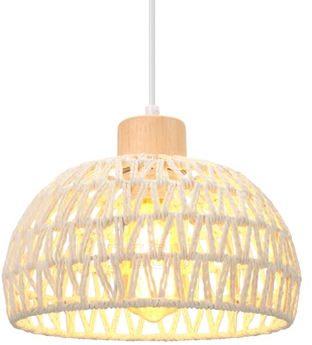 iDEGU Ø25cm Hängelampe Retro E27 Hängeleuchte aus Rattan Holz Bohème-Stil Geflochten Deckenleuchte Vintage Pendelleuchte für Flur Wohnzimmer Schlafzimmer Esszimmer Küche Restaurant (Cremeweiß)