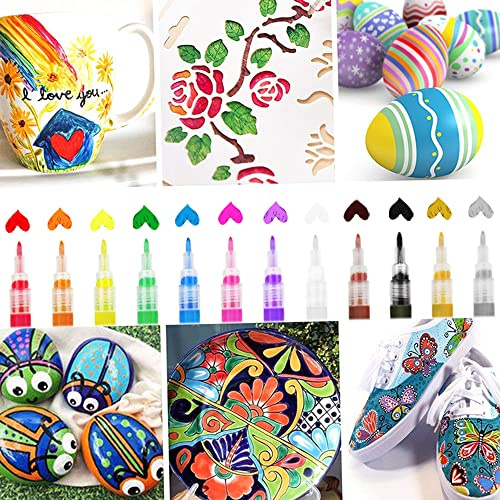 ERYUE Ensemble de Marqueurs de Peinture Acrylique, Stylos Marqueurs D'art Imperméables pour Bricolage, Graffitis Artisanaux, Stylo à Base D'eau Non Toxique 12 Couleurs pour Toile, Verre, Bois,