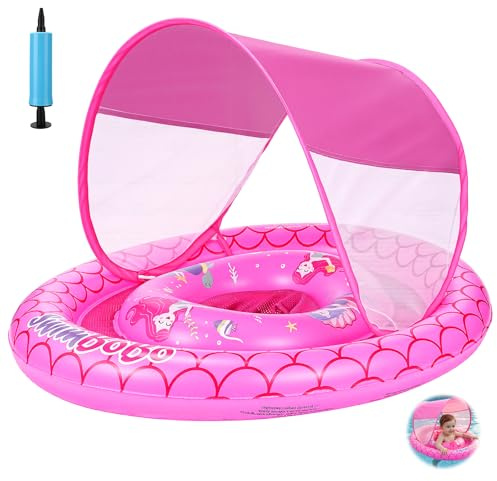 Coikes Salvagente Neonato con Tettuccio Parasole Doppio Airbag Anello Salvagente per bambini Gonfiabile per Piscina con pompa e sedile per Bambino Neonati 6-24 Mesi (Rosa)
