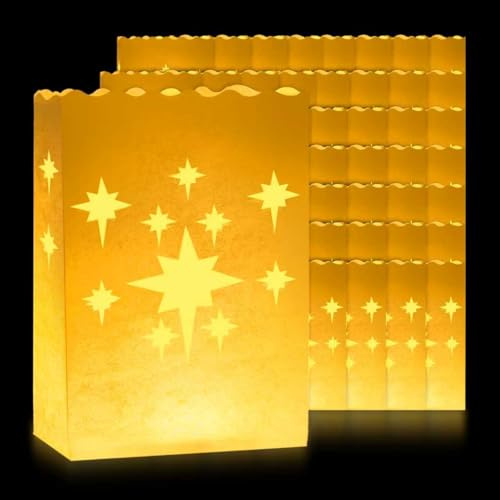 TidiRob 60PCS Luminary Bags Outdoor,White Candle Bags,Stars Design Luminaries Bags for Halloween,Christmas,Thanksgiving,Wedding,Party