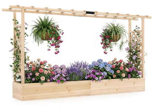 HOMASIS Blumenkasten mit 2 Rankgitter & Dachregal, Hochbeet mit Spalier, Holz Pflanzkasten für Kletterpflanz, Pflanzkübel Pflanzgefäß Rankhilfe für Garten Balkon Terrasse (Natur, 220x35x114cm)
