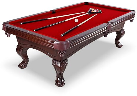 Hathaway Augusta 8 Foot Pool Table with Complete Accessories – Classic Full Size Billiard Table for Home Use – Classic Ball and Claw Legs, Inlaid Sights, K-66 Cushions – Mahogany Finish with Red Felt