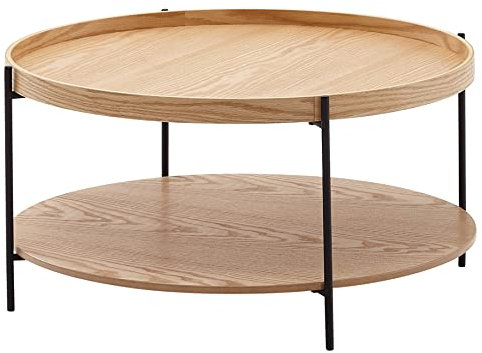 FineBuy Couchtisch Rund 80cm MDF Holz & Metall Skandinavisches Eiche Design – Moderner Wohnzimmertisch mit großer Ablage – Design Sofatisch für Wohnzimmer