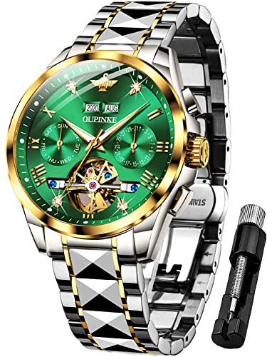 OUPINKE Herrenuhren Automatik Grün Mechanisch Selbstaufzug Skelett Luxus Saphirkristall Diamant Wasserdicht Business Kleid Uhren Geschenke