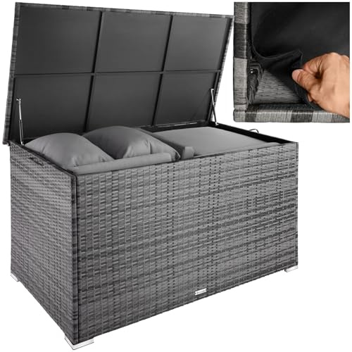 tectake® Coffre de jardin Exterieur, Coffre à Coussins 750 L en Aluminium Polyrotin 145 x 82,5 x 79,5 cm, Couvercle Rabattable, Poignées pour Rangement des Outils de Jardin, Jouets