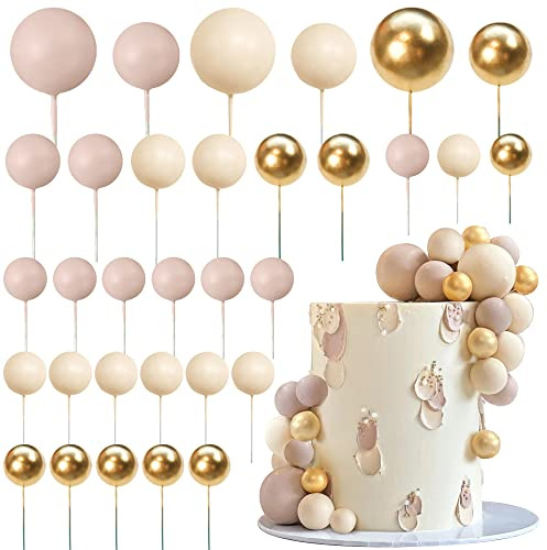 32 PCS Colorful Ball Shaped Cake Topper Pearl Balls Cupcake Cake Insert Topper for Birthday Party Wedding Decoration Supplies (Apricot Gold Light Brown)