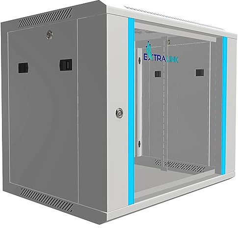 Extralink Baie de Brassage 19 Pouces 9U - Armoire réseau 450mm de Profondeur pour Montage Mural ou au Sol, Charge admissible 60kg, Porte en Verre trempé, Ouverture Frontale et arrière, Gris