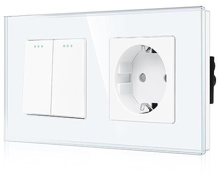 CNBINGO Schuko Steckdose mit Lichtschalter 2 Fach 1 Weg Glas Lichtschalter, Modernem Kristallglas Wandplatte mit Leuchtpunkten, Weiß