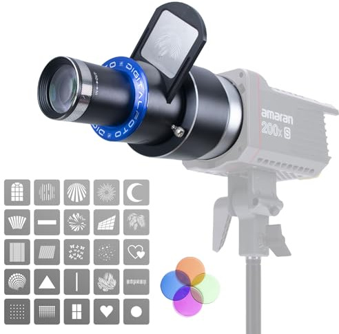 DF DIGITALFOTO óptico Snoot con Montura Bowens Proyector, 25 Gobos, Accesorio de Proyección para Foco de Fotografía, Compatible con Aputure Amaran 100X/D 200D/X, Godox SL60 para Retratos, Enfocable