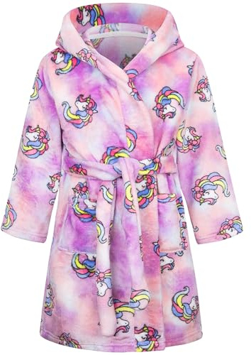 FILOWA Accappatoio con Cappuccio Bambina Ragazza Flanella Vestaglia Cartoon Unicorno Stampa Caldo Morbido Pigiama Doccia Lungo Pile Indumenti da Notte per Bambini 2-8 Anni
