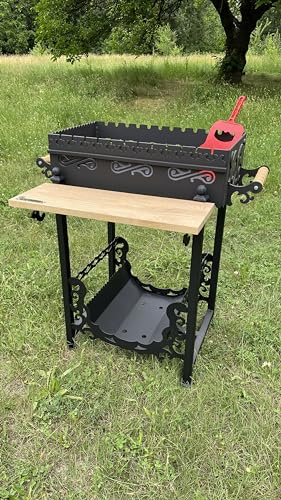 Grill, Mangal, BBQ Vostochnij, Gartengrill, Grill mit 4 mm Stahl. Holzregal, Holzfach, bis zu 12 Schaschlik-Spieße, Picknick grill, Camping