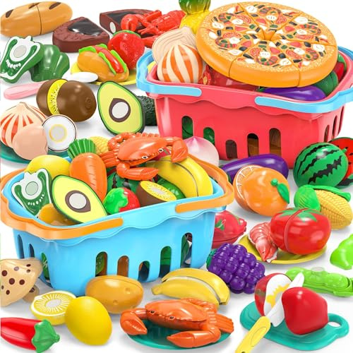 Gioco composto da 120 alimenti da tagliare per più bambini con cestini della spesa bicolore, set di cibo per giocare a cucinare per bambini piccoli, accessori da cucina giocattolo, cibo/frutta/verdura