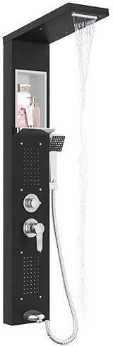 Aufun Duschpaneel aus Edelstahl mit Ablage und Armatur, 5 Funktionen Duschsäule Regen&Nebel, 4 Breitwinkel Verstellbare Massagedüsen, Handbrause und Wasserfall-Wanneneinlauf, Duscharmatur, Schwarz