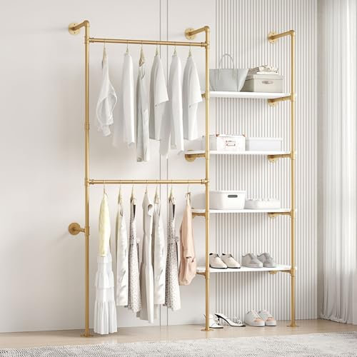 Woskar Industrial Pipe Clothing Rack, Hanging Rods Clothes Rack with Shelves, Clothes Rack for Wardrobe, Corner Closet System for Walk in Closets (Gold, II-4Tier)