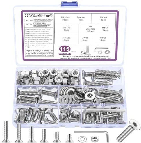 115 STK M8 Schrauben Set, M8 Senkkopfschrauben Set, Flachkopf Innensechskantschrauben Muttern Set, Maschinenschrauben mit Muttern Set, Gewindeschrauben und Muttern Sortiment mit Unterlegscheiben Set