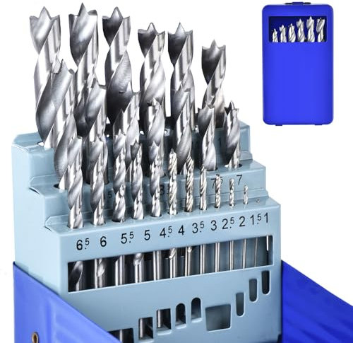 Mtchavno Lot de 25 forets pour bois, 1 – 13 mm, kit complet HSS hélicoïdal pour bois, caoutchouc, polyuréthane, plastique, ensemble de forets avec étui, angle de pointe 135°