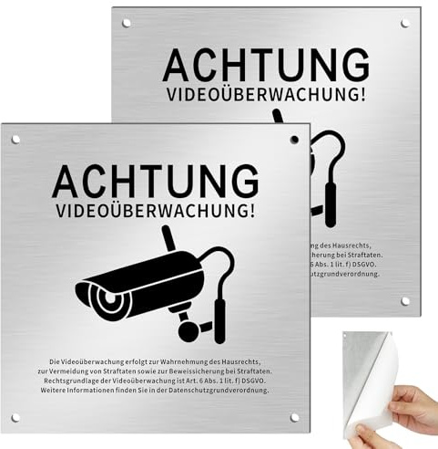 2St Achtung Videoüberwachung Schild Kameraüberwachung, Schild Videoüberwachung Privatgrundstück, 15x15cm Selbstklebend Aluminium Grundstück Wird Videoüberwacht mit 4 Bohrlöchern